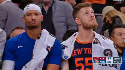 Jorsh Hart with funny expression on Knicks bench