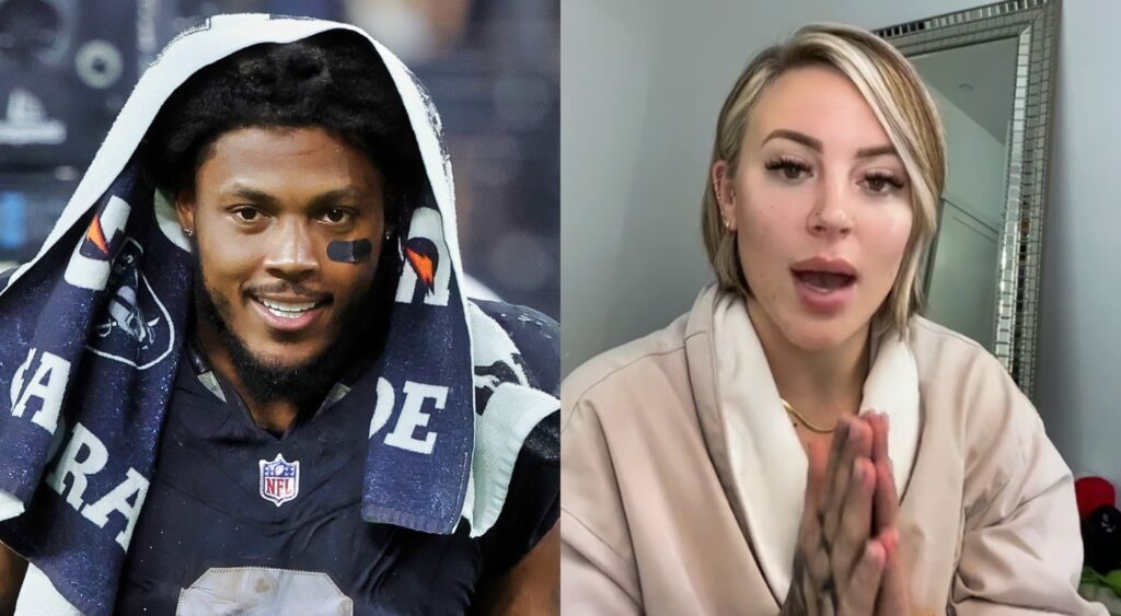 Photo of Josh Jacobs smiling and photo of his ex-girlfriend Kenzy speaking in TikTok video