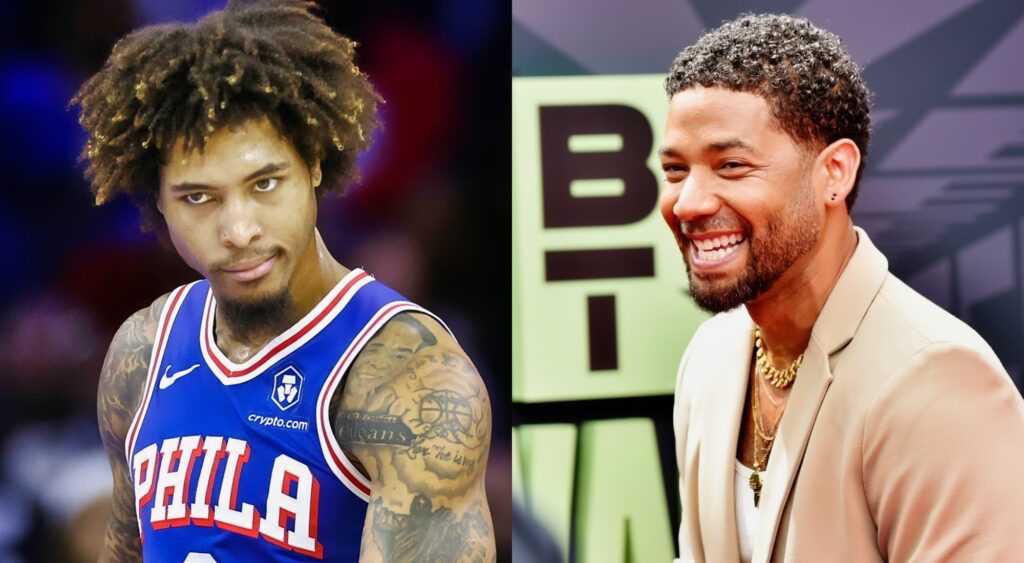 Photo of Kelly Oubre Jr. in 76ers jersey and photo of Jussie Smollet laughing
