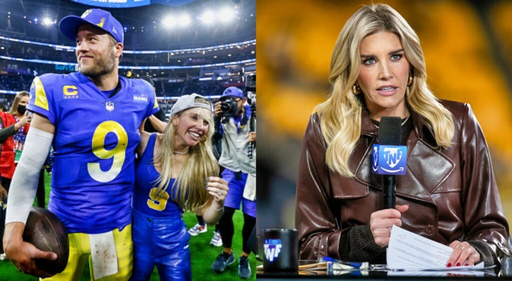 Photo of Matthew Stafford holding Kelly Stafford and photo of Charissa Thompson holding a mic