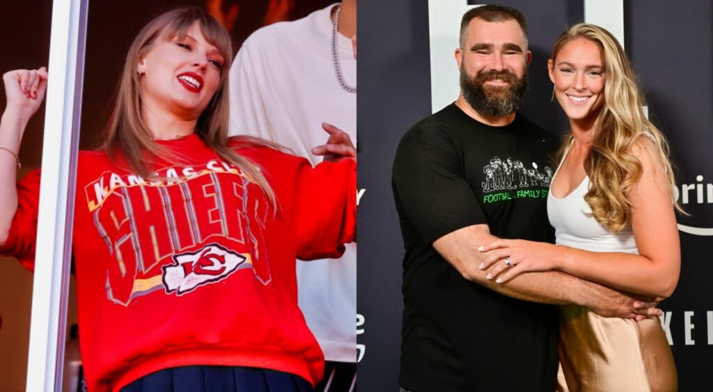 Taylor Swift in Chiefs sweater. Kylie Kelce and Jason posing