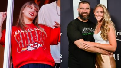 Taylor Swift in Chiefs sweater. Kylie Kelce and Jason posing