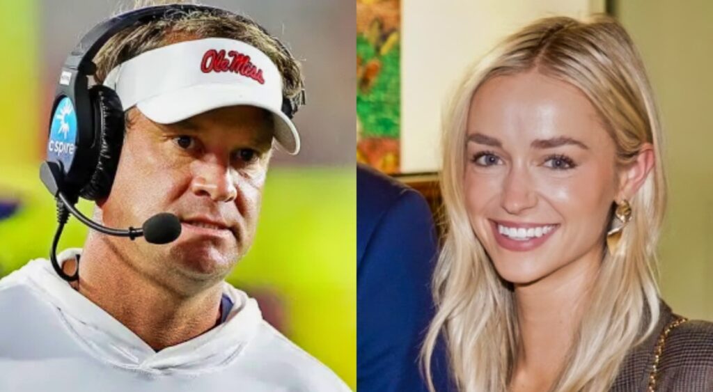 Photo of Lane Kiffin with headset and visor on and photo of Sally Rychlak smiling