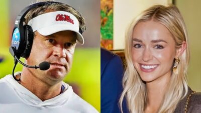 Photo of Lane Kiffin with headset and visor on and photo of Sally Rychlak smiling