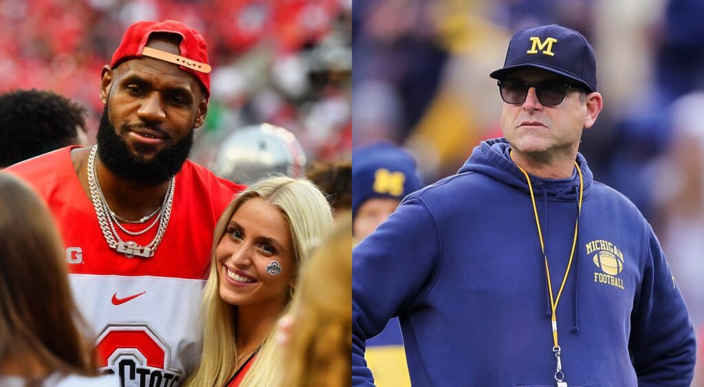 LeBron James poses with Ohio State cheerleader, and Jim Harbaugh standing on sidelines.