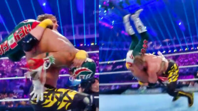 Photos of Logan Paul wrestlign Rey Mysterio