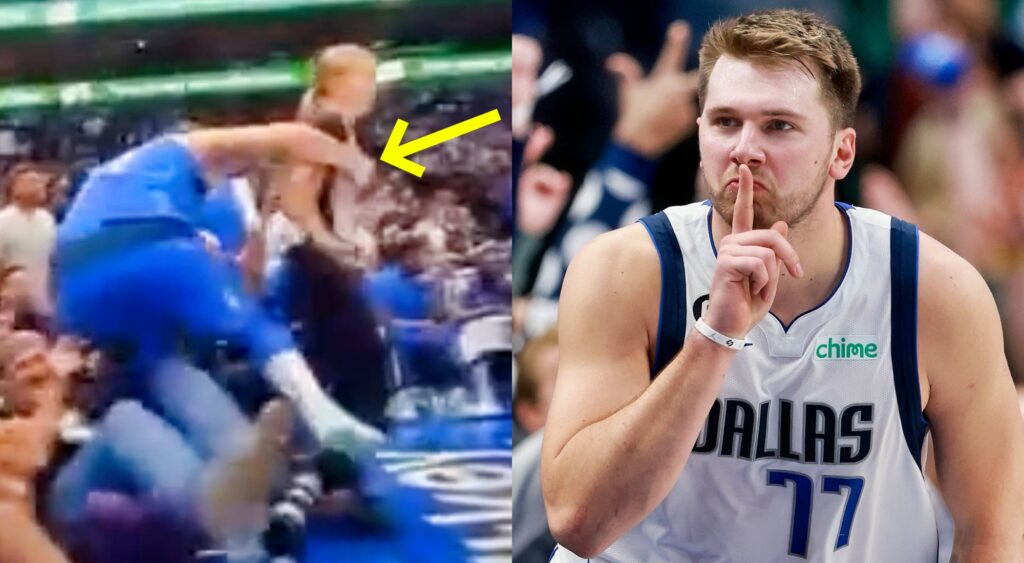 Luka Doncic falling out of bounds and making a whisper gesture.
