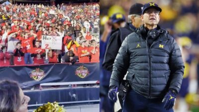 Photo of Maryland fans in the stands and photo of Jim Harbaugh looking upward