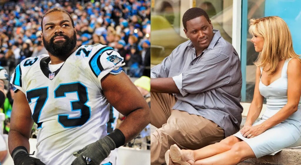 Photo of Michael Oher in Panthers jersey and still photo from 'The Blind Side' movie
