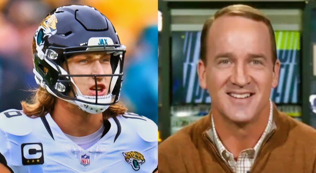 Trevor Lawrence looking on (left). Peyton Manning smiling during "ManningCast" (right).