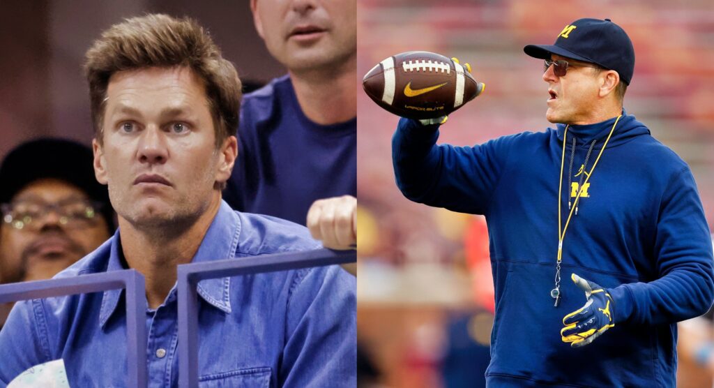 Tom Brady looking on (left). Jim Harbaugh holding football (right).