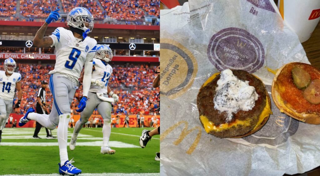 Jameson Williams of Detroit Lions looking on (left). Screenshot of a McDonald's burger (right).