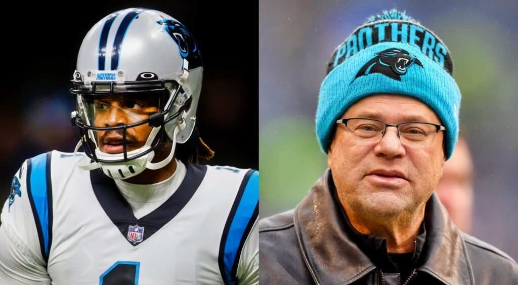 Cam Newton looking on (left). Carolina Panthers owner David Tepper looking ahead (right).