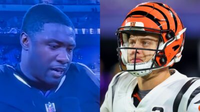Photo of Roquan Smith getting interviewed and photo of Joe Burrow in Bengals gear