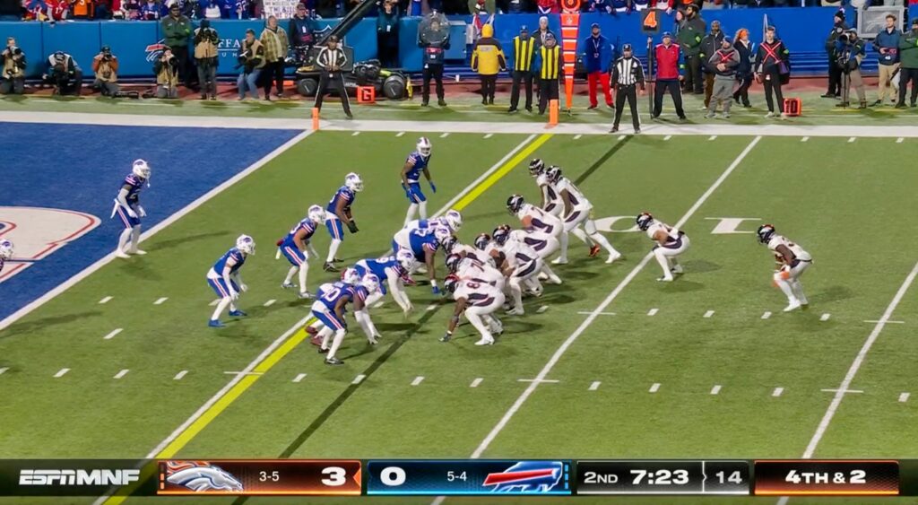 Denver Broncos line up for an offensive play vs. the Bills.