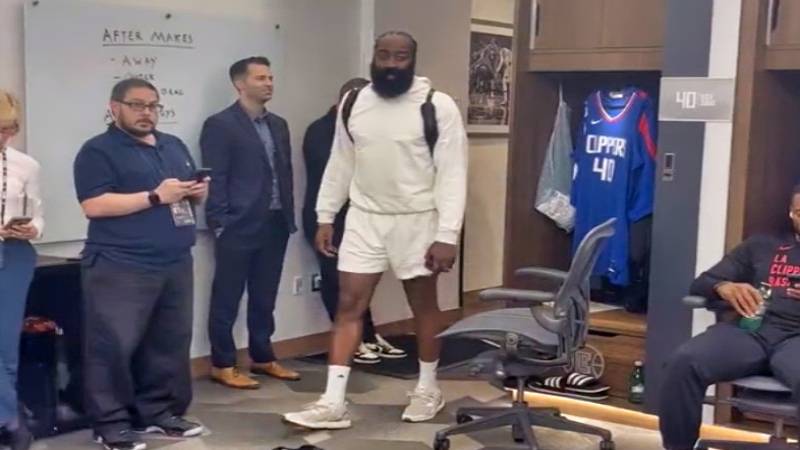 James Harden of Los Angeles Clippers walking into locker room.