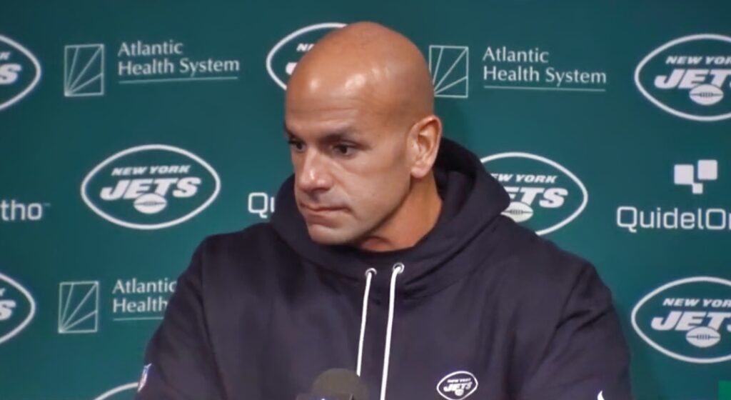 New York Jets head coach Robert Saleh speaking to media.