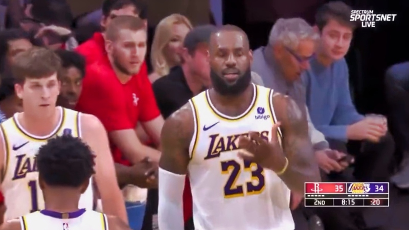 LeBron James of Los Angeles Lakers reacting during game.