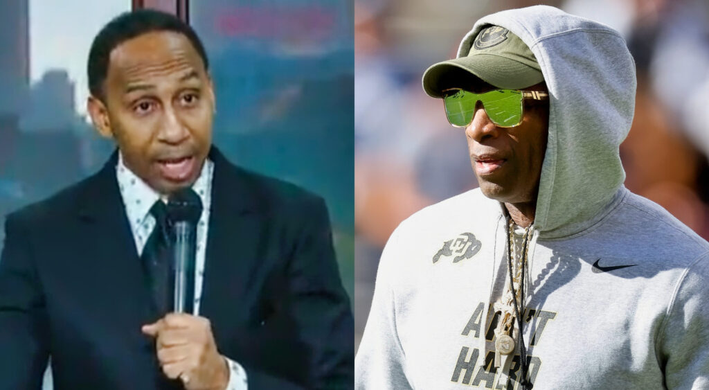 Photo of Stephen A. Smith holding a mic and photo of Deion Sanders in Colorado gear