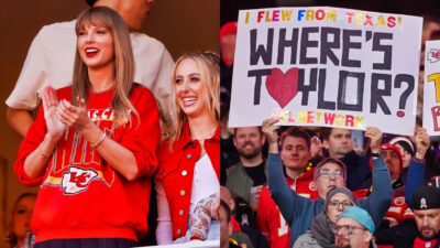 Photo of Taylor Swift at Chiefs game and photo of fan holding up Taylor Swift sign