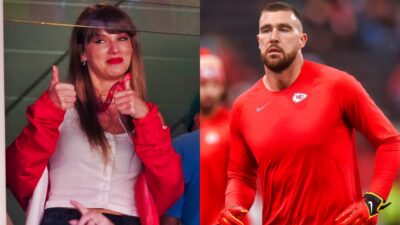 Travis Kelce in red shirt. Taylor Swift giving thumbs up