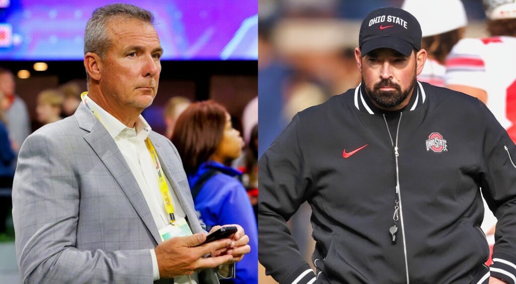 Photo of Urban Meyer holding a phone and photo of Ryan Day in Ohio State gear
