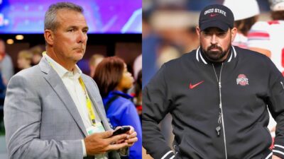 Photo of Urban Meyer holding a phone and photo of Ryan Day in Ohio State gear