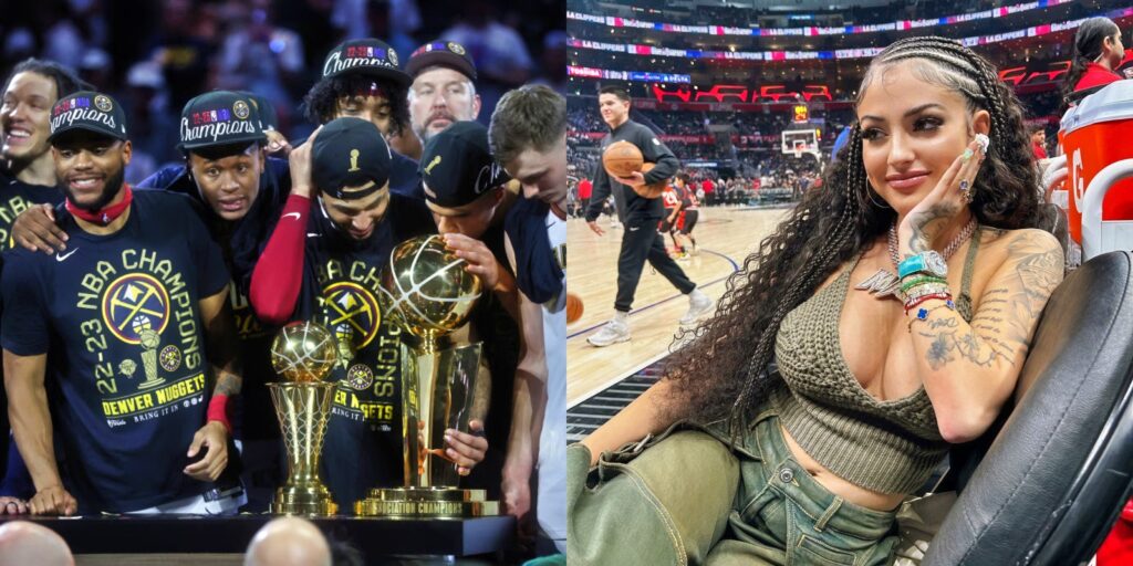 denver nuggets players and championship trophies. Malu Trevejo posing near bench