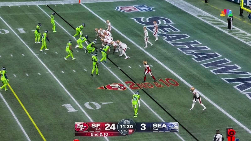 San Francisco 49ers preparing for offensive play vs. Seattle Seahawks.