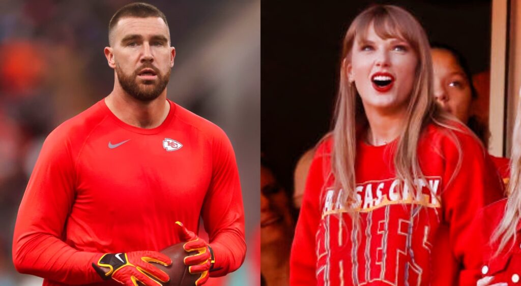 Travis Kelce in Chiefs shirt. Taylor Swift smiling in suite