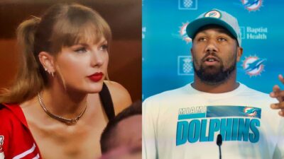Taylor Swift in suite. Braxton Berrios in Dolphins shirt