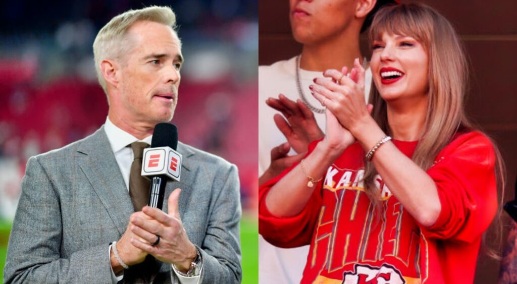 taylor swift clapping. joe buck with mic in hand
