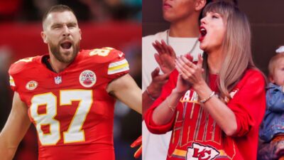 travis kelce yelling in uniform. Taylor Swift clapping and yelling