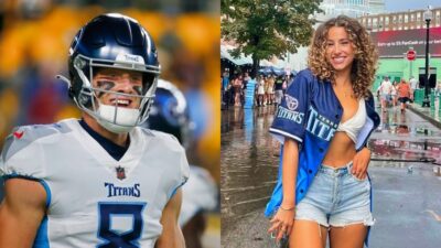 Will Levis in uniform. Gia Duddy posing in Titans jersey