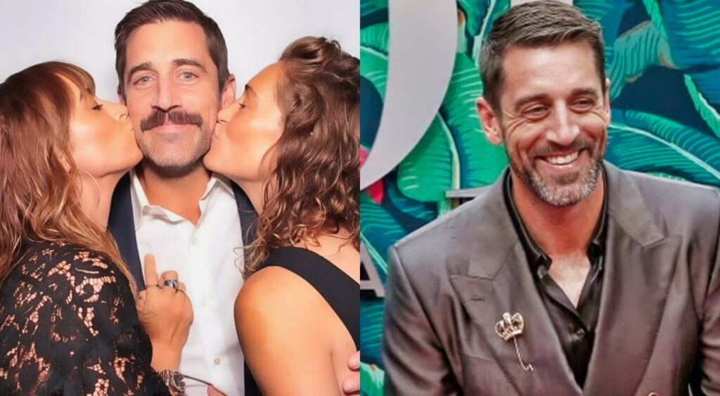 Photo of Aaron Rodgers getting kissed by two women and photo od Aaron Rodgers smiling