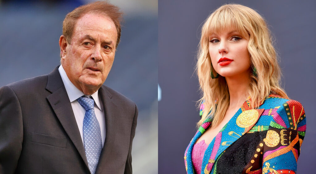 Photo of Al Michaels in a suit and photo of Taylor Swift in multicolored outfit