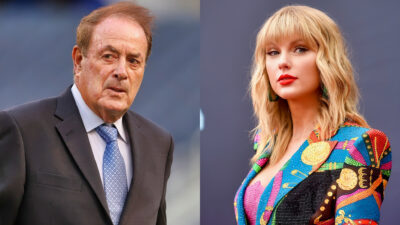 Photo of Al Michaels in a suit and photo of Taylor Swift in multicolored outfit