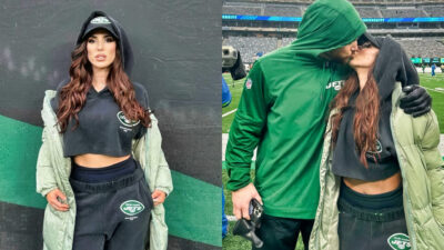 Photo of Alexis Bawden posing in Jets gear and photo of Nick Bawden and Alexis kissing