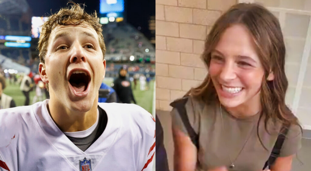 Photo of Brock Purdy celebrating and photo of Brock Purdy lookalike smiling