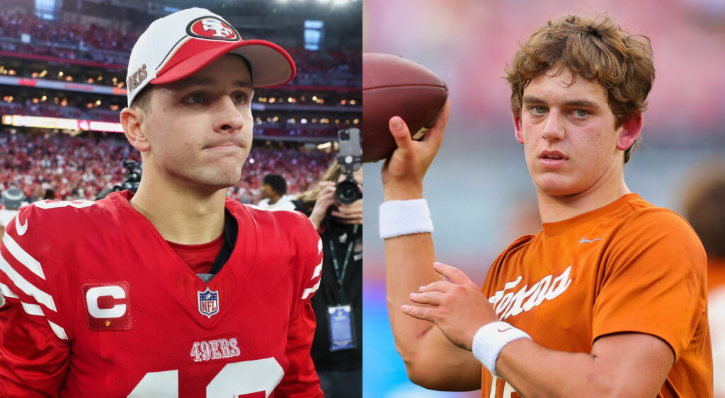 Photo of Brock Purdy wearing cap and photo of Arch Manning throwing a football