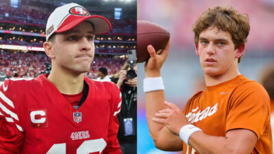 Photo of Brock Purdy wearing cap and photo of Arch Manning throwing a football