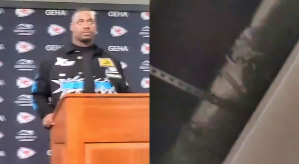 Photo of Chris Jones speaking to reporters and photo of damaged ceiling
