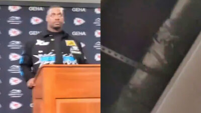 Photo of Chris Jones speaking to reporters and photo of damaged ceiling