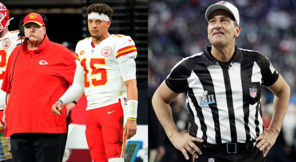 Gene Steratore in ref uniform. Mahomes and Andy Reid on sidelines.