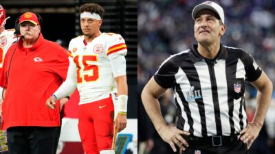 Gene Steratore in ref uniform. Mahomes and Andy Reid on sidelines.