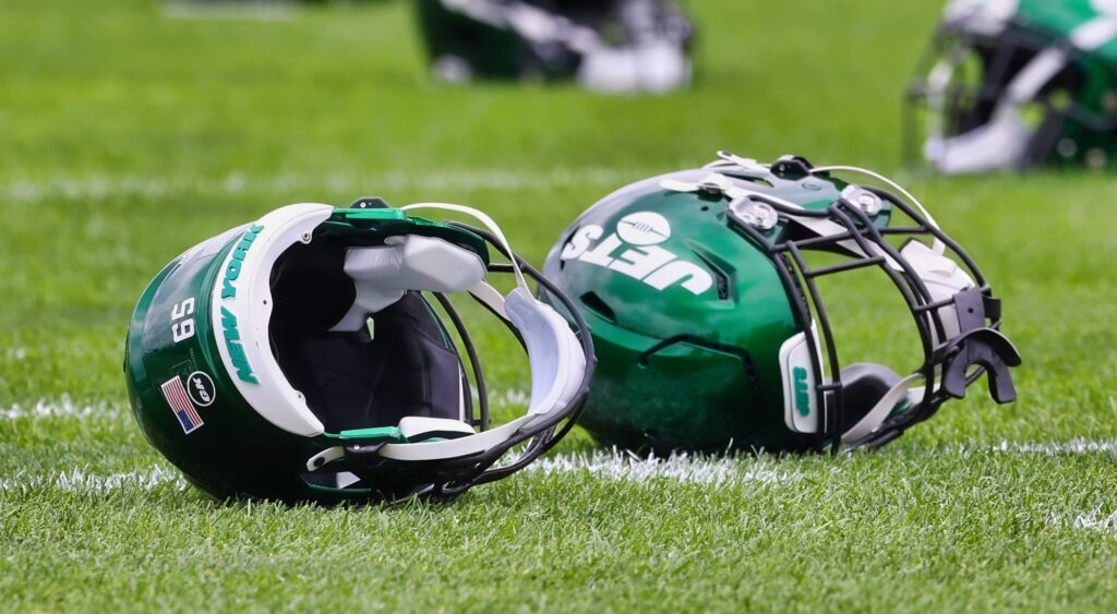 New York Jets helmets on the field.