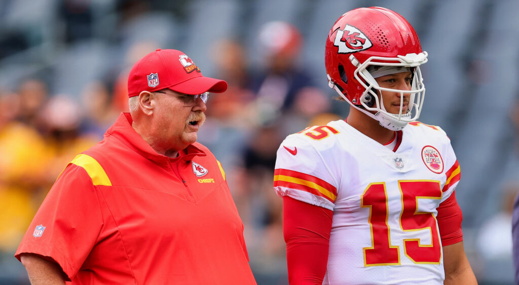 Andy Reid standing next to Patrick Mahomes