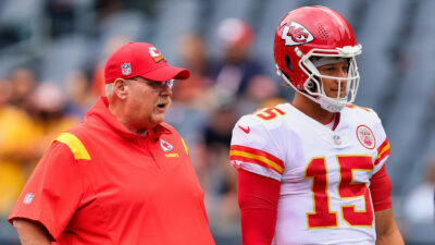 Andy Reid standing next to Patrick Mahomes