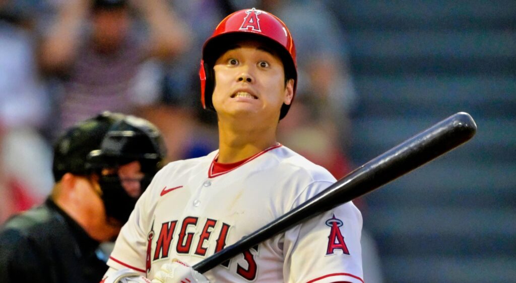 Shohei Ohtani of Los Angeles Angels reacts during game.