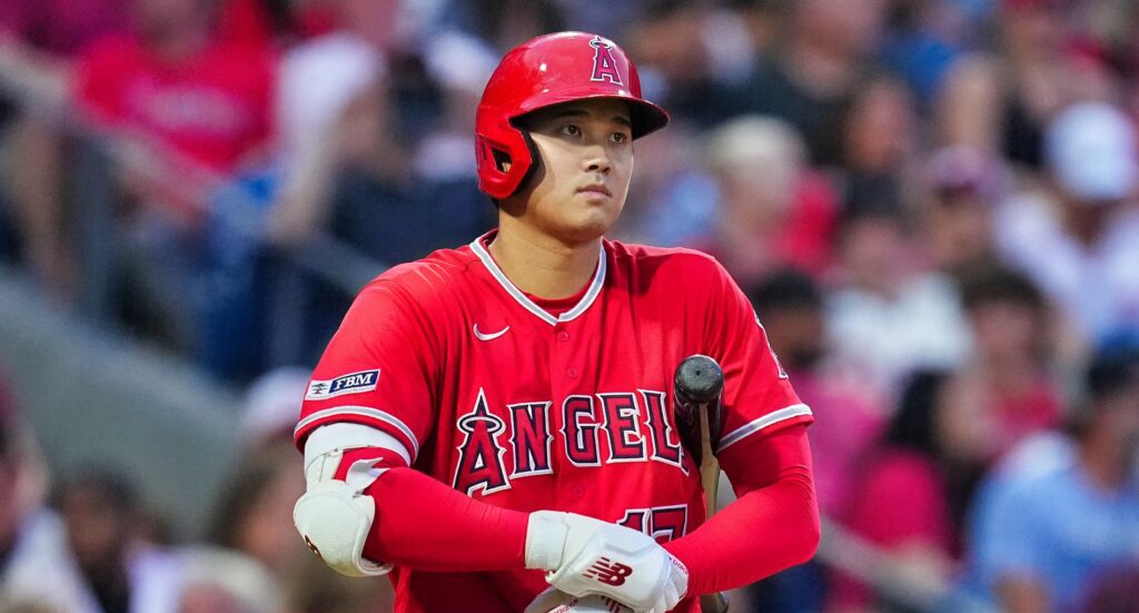 Shohei Ohtani of Los Angeles Angels looking on during game.